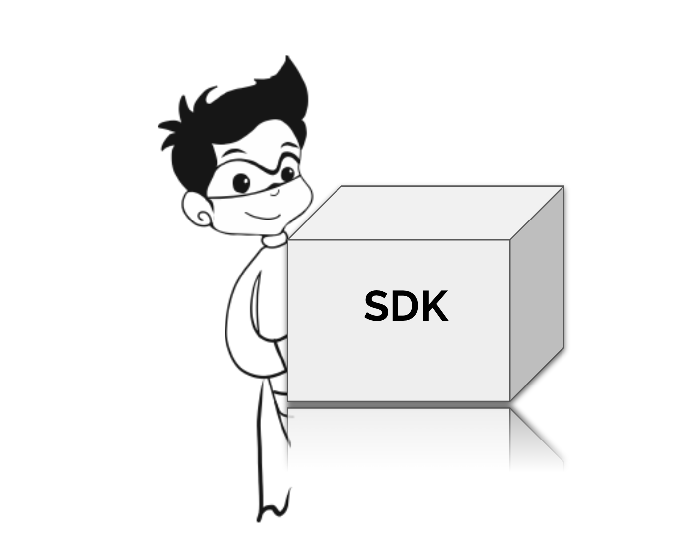 Un homme de dessin animé tenant une boîte intitulée « SDK ».