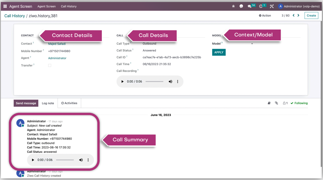 Odoo call summary