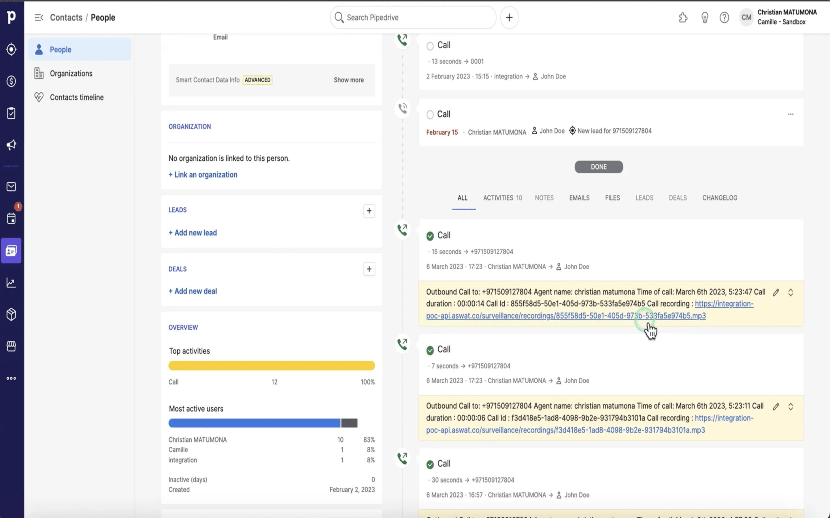 Pipedrive dashboard showing call recording