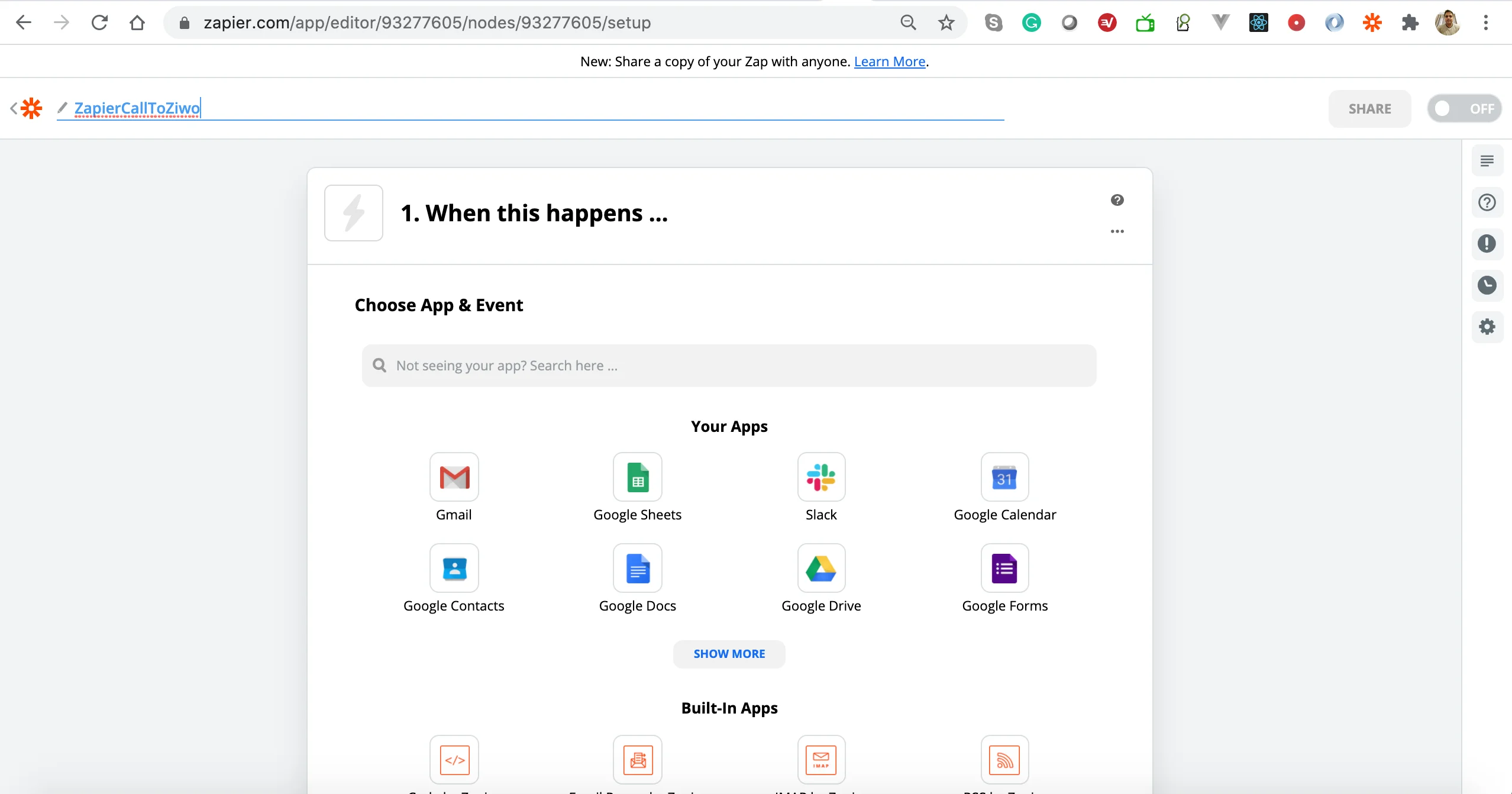 Zapier choisit l'application et l'événement